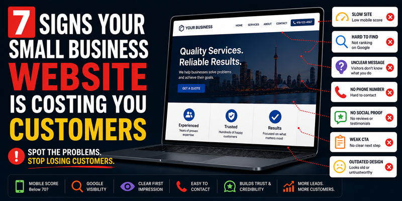 Wide thumbnail graphic showing seven warning signs that a small business website is losing customers, with callout cards for slow speed, poor Google visibility, unclear messaging, no phone number, no social proof, weak CTAs, and outdated design.