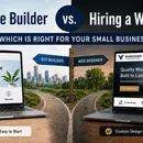 Comparison thumbnail showing a DIY website builder on one laptop and a professional web designer website on another, with a forked road and signpost between them.
