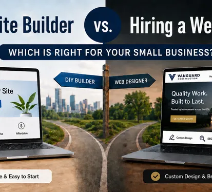 Comparison thumbnail showing a DIY website builder on one laptop and a professional web designer website on another, with a forked road and signpost between them.