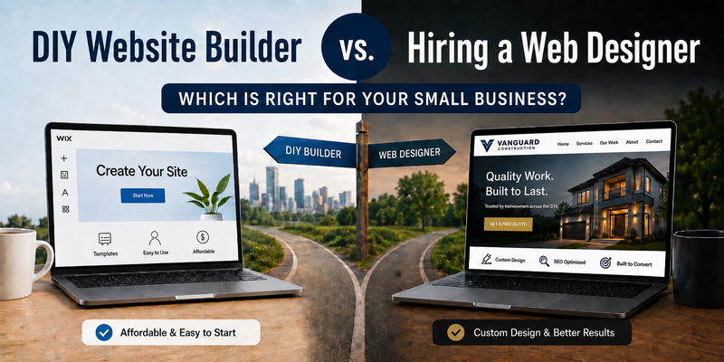Comparison thumbnail showing a DIY website builder on one laptop and a professional web designer website on another, with a forked road and signpost between them.