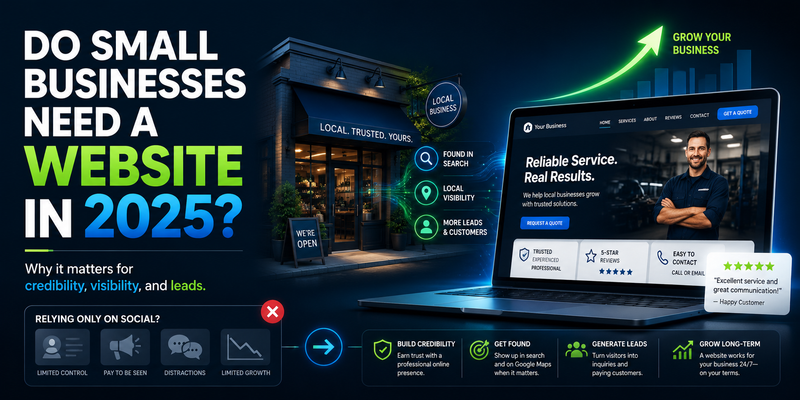 Wide thumbnail graphic showing a small local business and a professional website on a laptop, with the headline “Do Small Businesses Need a Website in 2025?” and icons highlighting credibility, search visibility, leads, and long-term growth