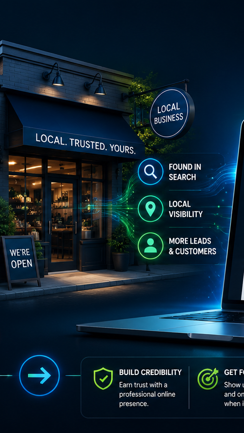 Wide thumbnail graphic showing a small local business and a professional website on a laptop, with the headline “Do Small Businesses Need a Website in 2025?” and icons highlighting credibility, search visibility, leads, and long-term growth