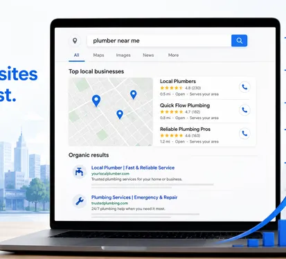 Laptop showing local Google search results with ranking factors like relevance, speed, mobile experience, content, local signals, engagement, and reviews.