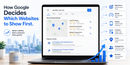 Laptop showing local Google search results with ranking factors like relevance, speed, mobile experience, content, local signals, engagement, and reviews.