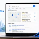 Laptop showing local Google search results with ranking factors like relevance, speed, mobile experience, content, local signals, engagement, and reviews.