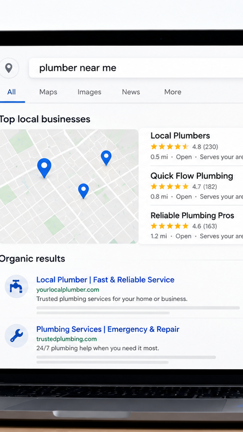 Laptop showing local Google search results with ranking factors like relevance, speed, mobile experience, content, local signals, engagement, and reviews.