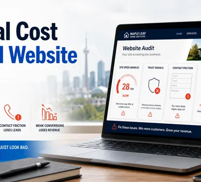 Website audit thumbnail showing a laptop with slow speed, missing trust signals, contact friction, weak conversions, and lost monthly revenue warnings.
