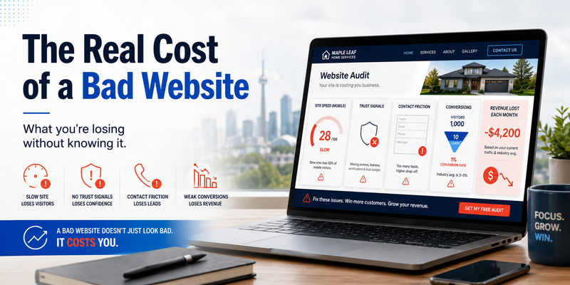 Website audit thumbnail showing a laptop with slow speed, missing trust signals, contact friction, weak conversions, and lost monthly revenue warnings.