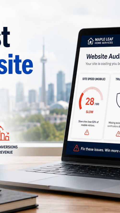 Website audit thumbnail showing a laptop with slow speed, missing trust signals, contact friction, weak conversions, and lost monthly revenue warnings.