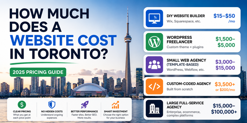 Infographic showing 2025 Toronto website pricing options, including DIY builders, WordPress freelancers, template-based agencies, custom-coded websites, and full-service agencies