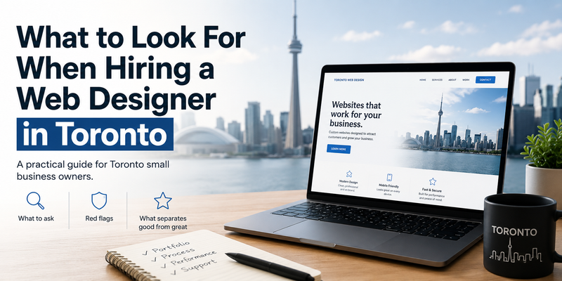 Toronto web design hiring guide thumbnail showing a laptop with a website mockup, checklist notes, and the Toronto skyline in the background.