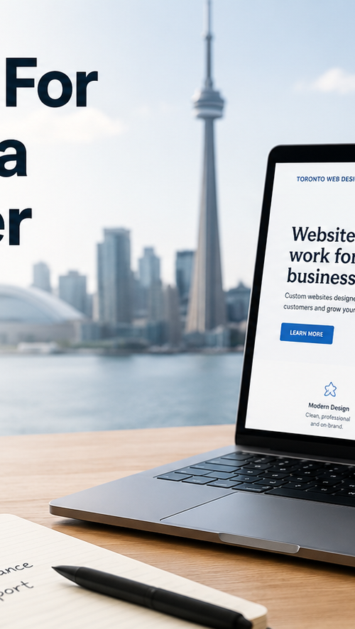 Toronto web design hiring guide thumbnail showing a laptop with a website mockup, checklist notes, and the Toronto skyline in the background.
