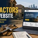 Contractor website thumbnail showing a laptop with a trades business website, construction tools, hard hat, and GTA skyline in the background.