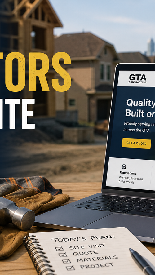 Contractor website thumbnail showing a laptop with a trades business website, construction tools, hard hat, and GTA skyline in the background.