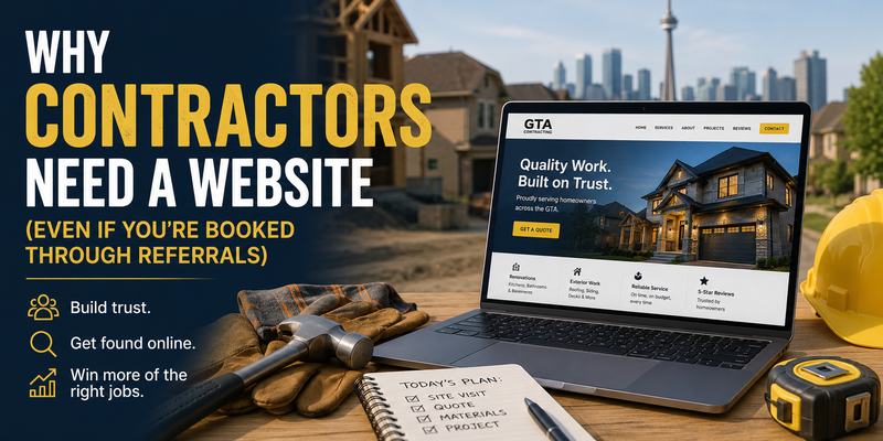 Contractor website thumbnail showing a laptop with a trades business website, construction tools, hard hat, and GTA skyline in the background.