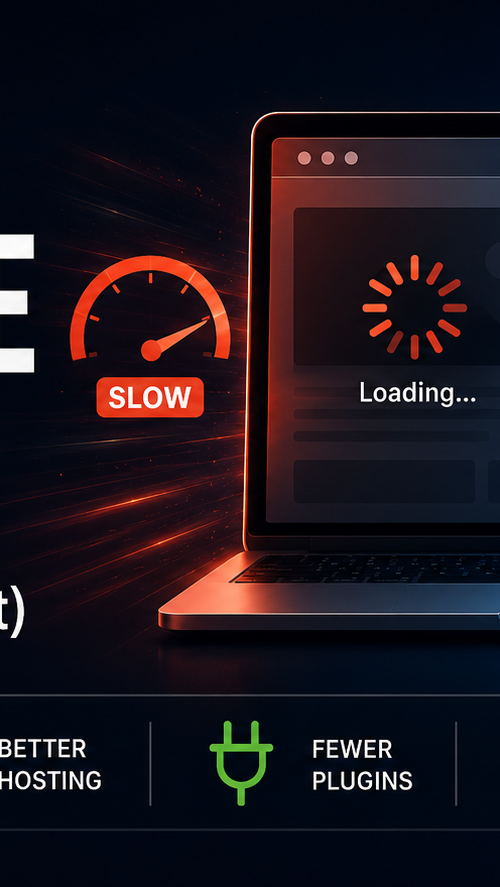 Graphic showing a split-screen comparison of a slow and fast website on a laptop, with the headline “Why Is My Website Slow? (And What To Do About It)” and icons for optimizing images, better hosting, fewer plugins, clean code, and better results.