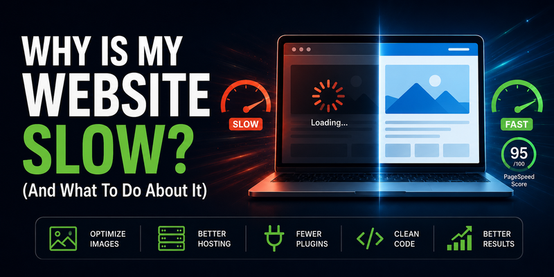 Graphic showing a split-screen comparison of a slow and fast website on a laptop, with the headline “Why Is My Website Slow? (And What To Do About It)” and icons for optimizing images, better hosting, fewer plugins, clean code, and better results.