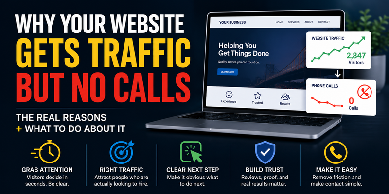 Wide thumbnail graphic showing a website with high traffic but zero phone calls, using analytics cards and conversion icons to highlight issues like unclear messaging, wrong traffic, weak trust signals, and contact friction.