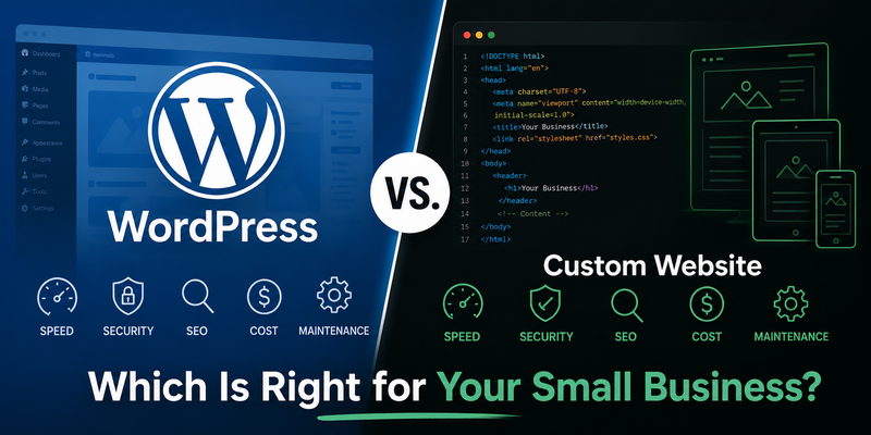 WordPress vs. custom website comparison graphic showing speed, security, SEO, and cost differences for small business websites