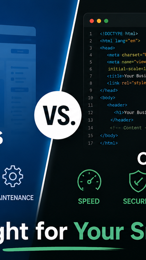 WordPress vs. custom website comparison graphic showing speed, security, SEO, and cost differences for small business websites